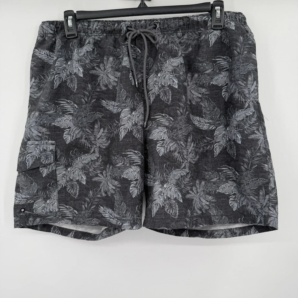 Tommy Bahama Mens XL Swim Trunks Grey Tropical Palm Print Cargo Board Shorts